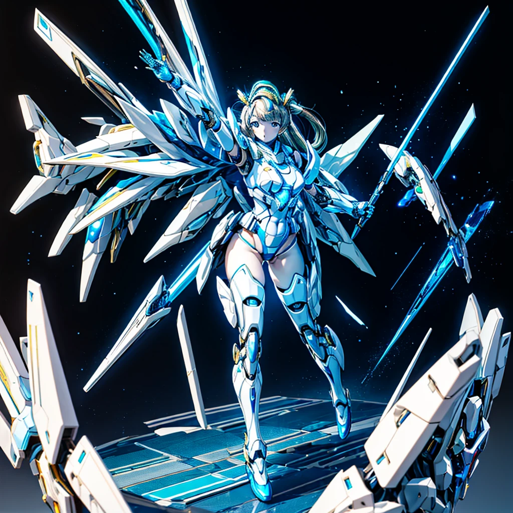 masterpiece, high quality, Heian Sumire, who has been turned into a mechanical body cyborg、Gynoid cyborg body modification surgery、Blue and white leotard armor、独奏、Single image、from front, full body、Mechabare、Sexual processing type mechanized genitals、Black background