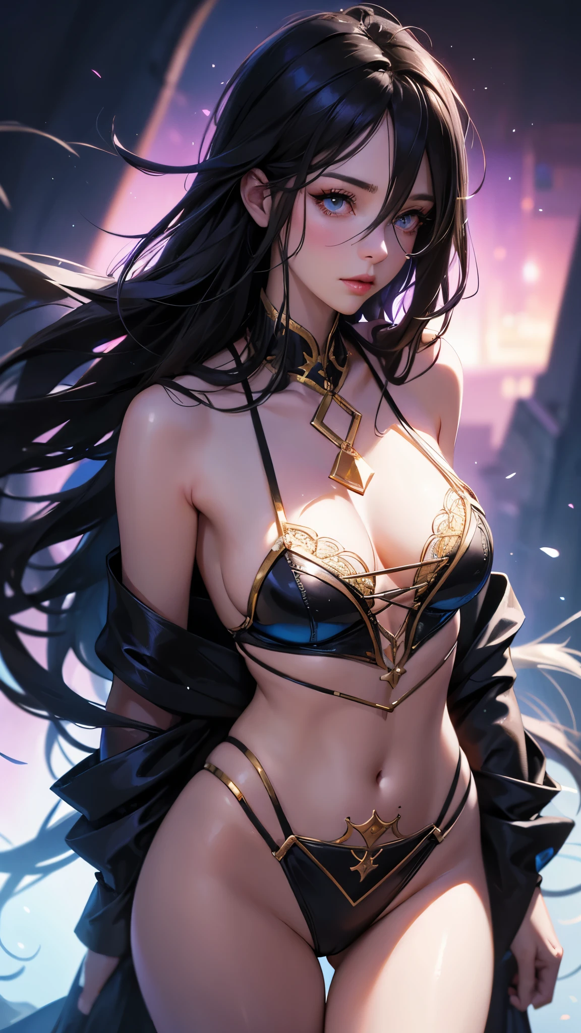 (best quality,highres:1.2),ultra-detailed,realistic,photorealistic:1.37,a beautiful girl (Albedo - Overlord) model in a fantasy style,18 years old,long legs,medium breasts,extremely detailed face (with emphasis on azure eyes),Her black-colored hair falls to her shoulders.She is dressed in soft translucent fabric clothes, more than half of her body is naked. The clothes emphasize her sexuality,bent down, lifting her ass to the top,there is an artfully executed Dragon tattoo on the right thigh of her leg, the girl stands in this angle (showing everyone her tattoo),illustration,colorful pop art style,dynamic lighting,neon colors.Nsfw