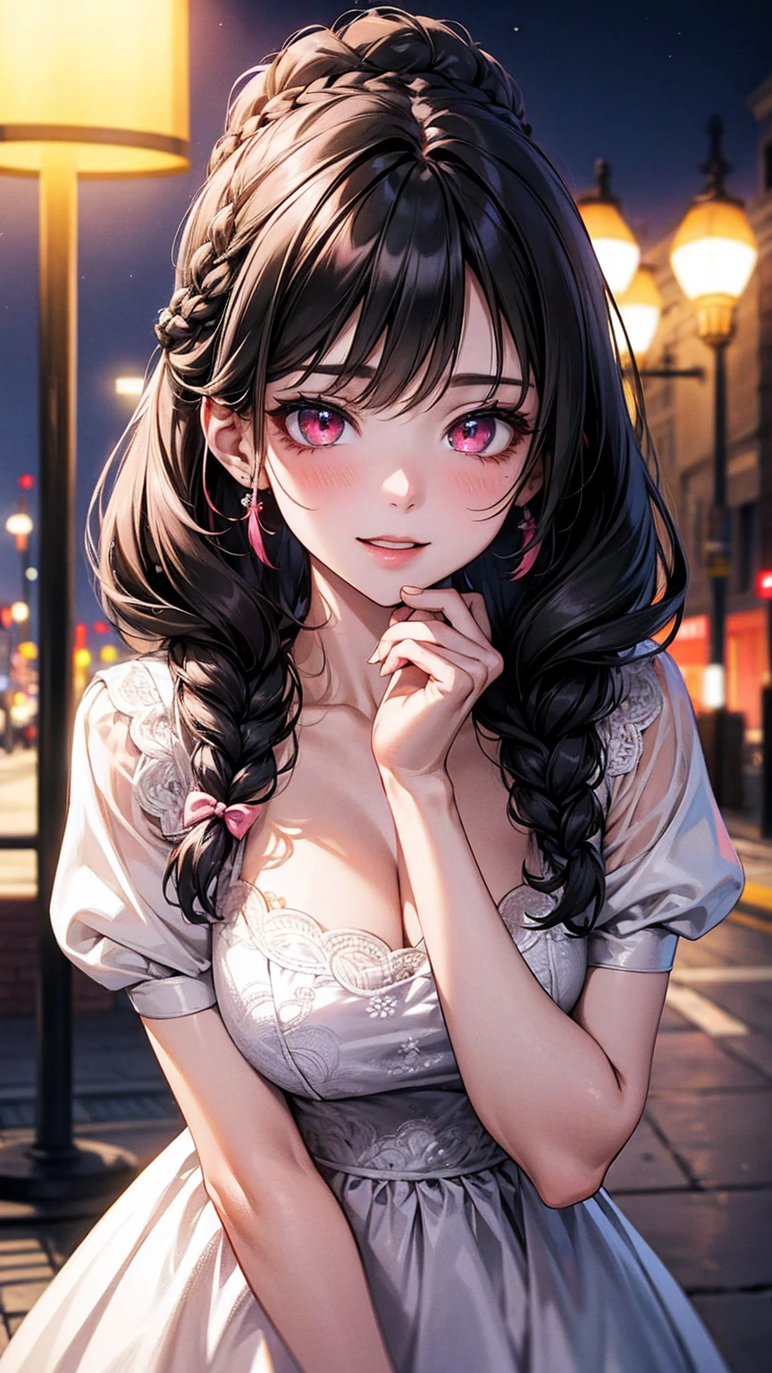 masterpiece, Highest quality, Pixiv, coolな美人, Dark pink hair, Curly Hair, Blunt bangs, Straight bangs, Grey Eyes, White skin,Off-the-shoulder plain white t-shirt、 cool、Improve、Face close-up、The background is a midnight starry sky