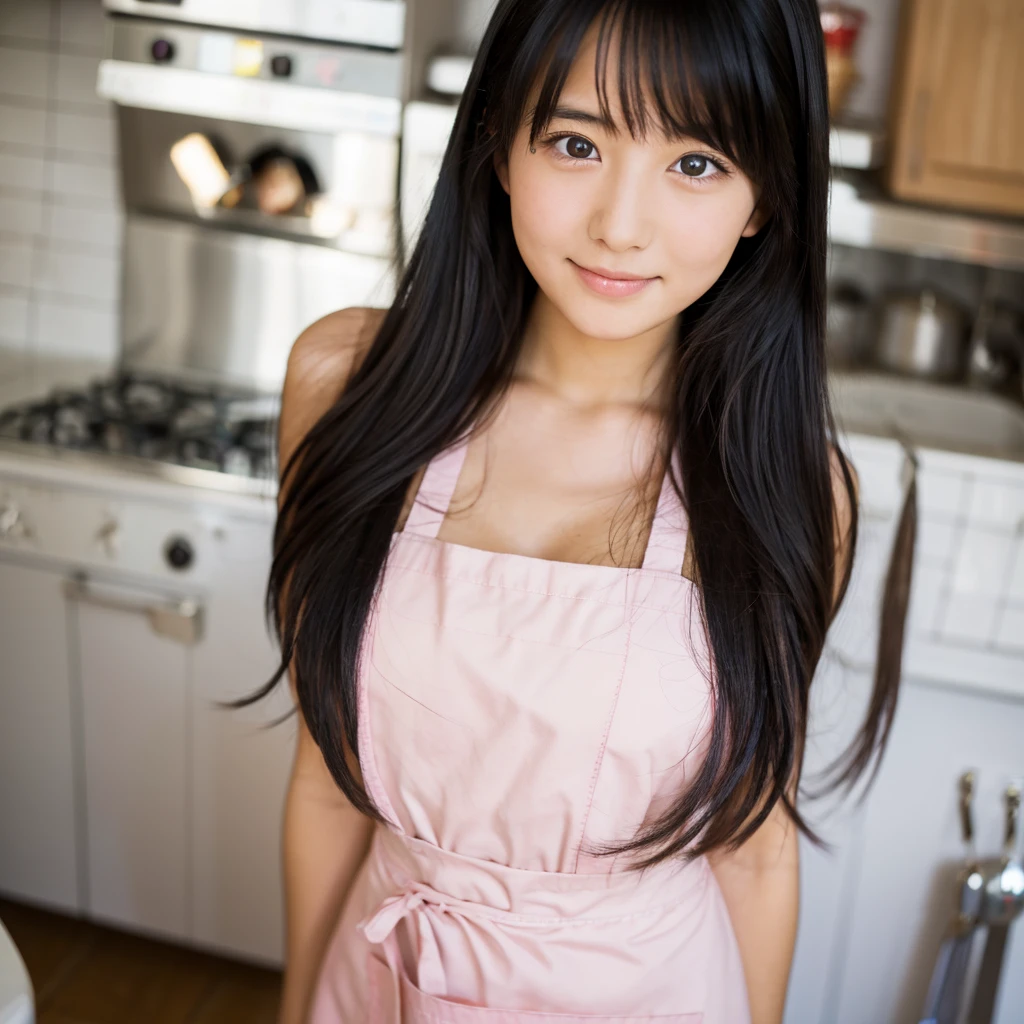hightquality、masterpiece、ultra res、cute girl face、kitchin、barechested、Wearing an apron、full bodyesbian、Famous actresses of Japan、very beautiful face