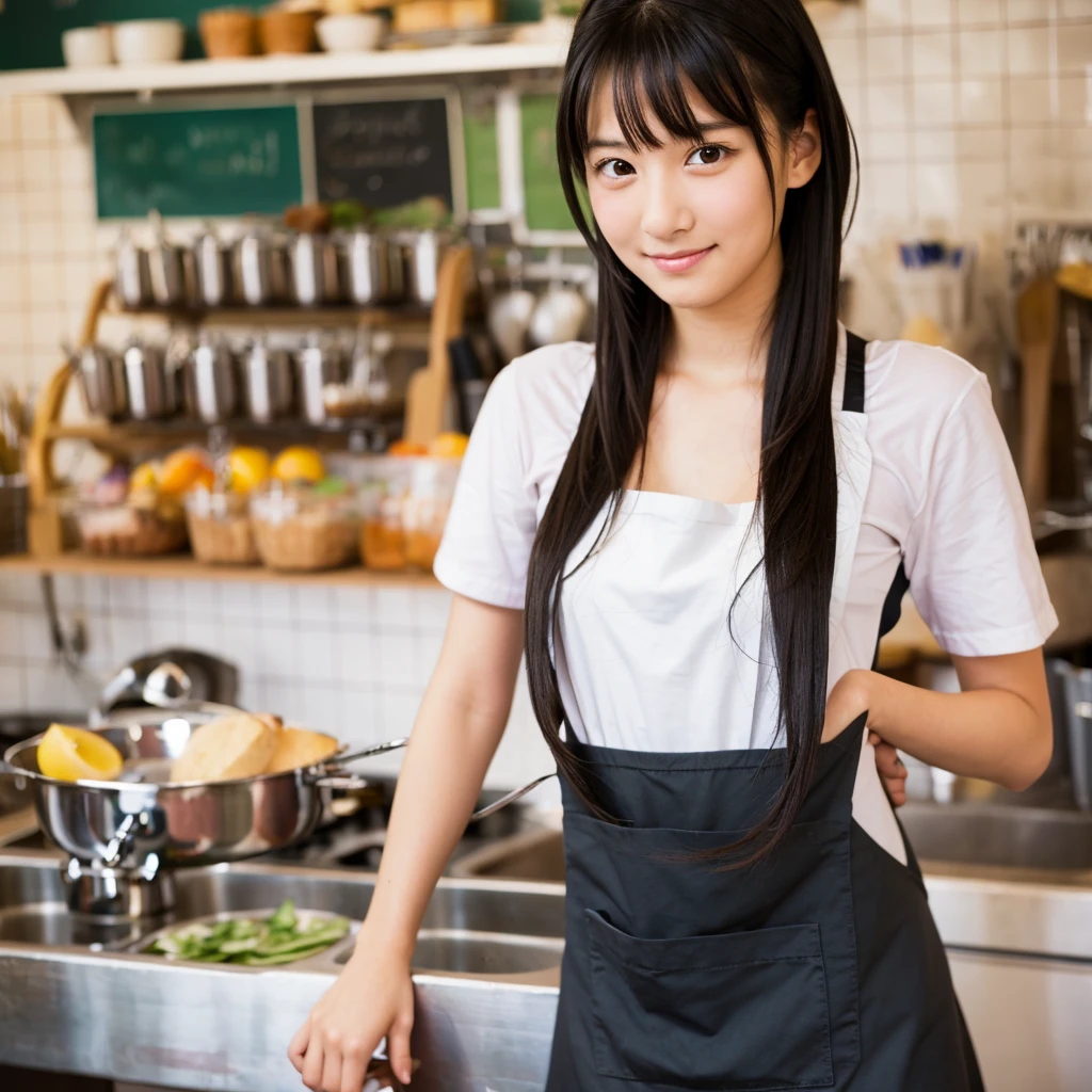 A bright high school girl with long black hair, straight nose, beautiful eyes and a naked apron