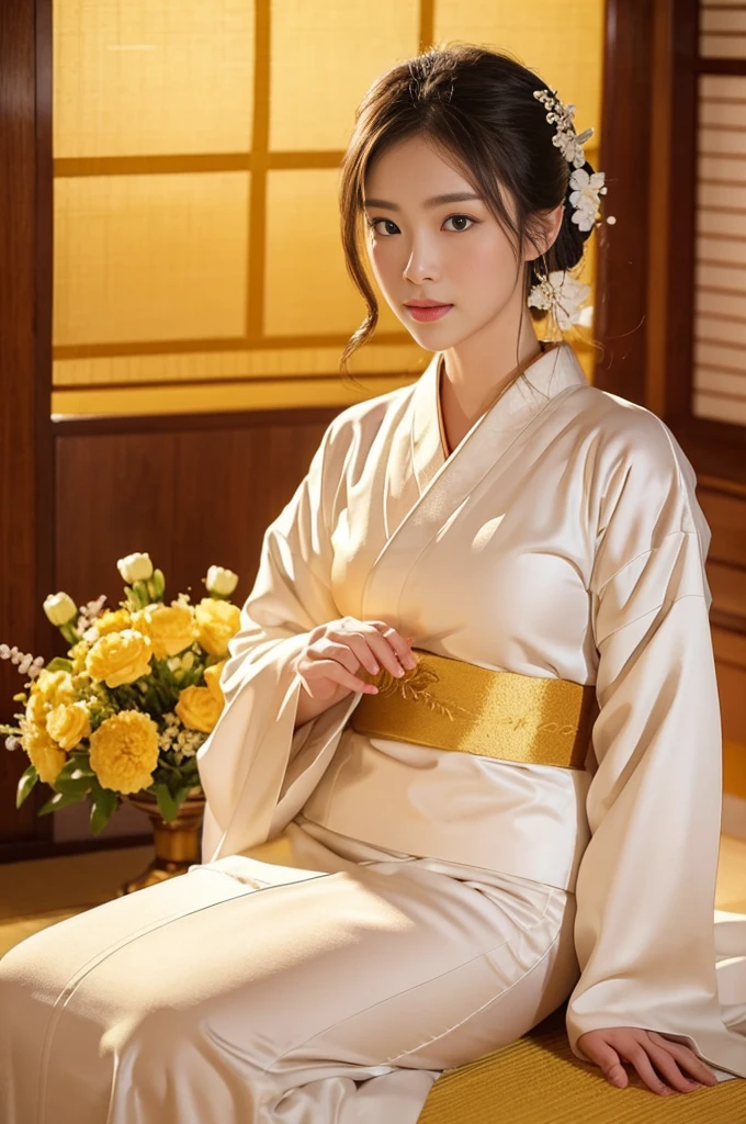 ,Beautiful white kimono、Cinematic atmosphere、Professional composition、Natural Body、fantasy,sitting in front of a golden screen、flower arrangement、tatami、looking at the camera