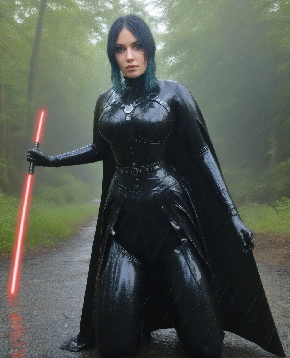 score_9,score_8_up,score_7_up,score_6_up, Trilla,green eyes,black hair, upper body, wet, armor,gloves,black bodysuit,black cape,belt,rain, science fiction,sith base, star wars, outdoors, rain, solo,fflixbag
wearing armor
sabine wren
