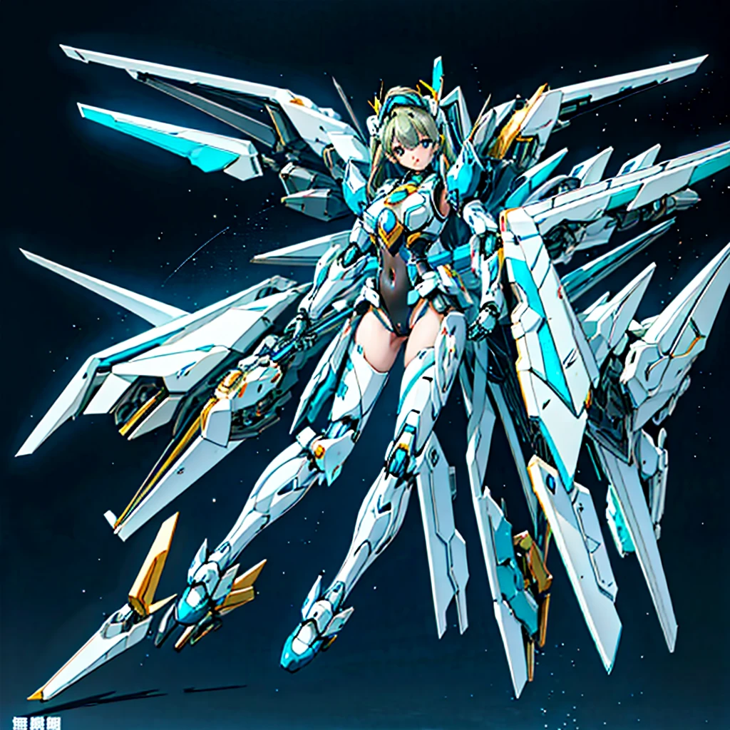 masterpiece, high quality, Mecha body cyborg、Gynoid Cyborg Body、The face is of Minami Kotori.、mechanical parts、Blue and white leotard armor、solo focus、Single image、from front, full body、Mechabare、The body is destroyed, exposing the precision machinery、Black background