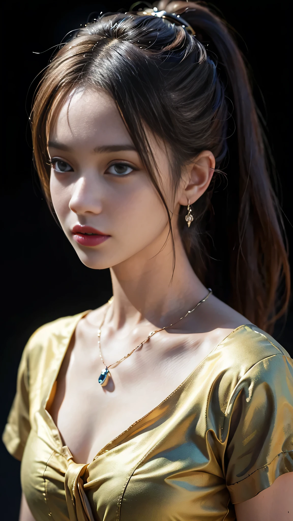 ((masterpiece:1.4)、(Highest quality:1.4)、(Realistic:1.7))、Masterpiece:1.4、Pretty Girl 0.3、(1:1.4)、cute、(Portrait Photography:1.4)、(Close-up photo:1.7)、(An outfit that emphasizes beautiful breasts:1.4)、Sharp focus:1.5、Detailed eyes、double eyelid、{Long Hair}、Beautiful woman with perfect figure:1.4、Perfect proportions:1.4、(Anatomically correct body shape:1.4)、well-proportioned and beautiful udder:1.2、Upper body photo shoot:1.2、Beautiful expression、Resistance、Dark Background、ponytail、Nikon SLR D6、Natural light、Lighting technology that creates beautiful expressions、Ideal lighting、RAW Photos、Red lips、Beautiful face with long face、choker:1.4、necklace:1.4、Earrings:1.4、1 Screen Display