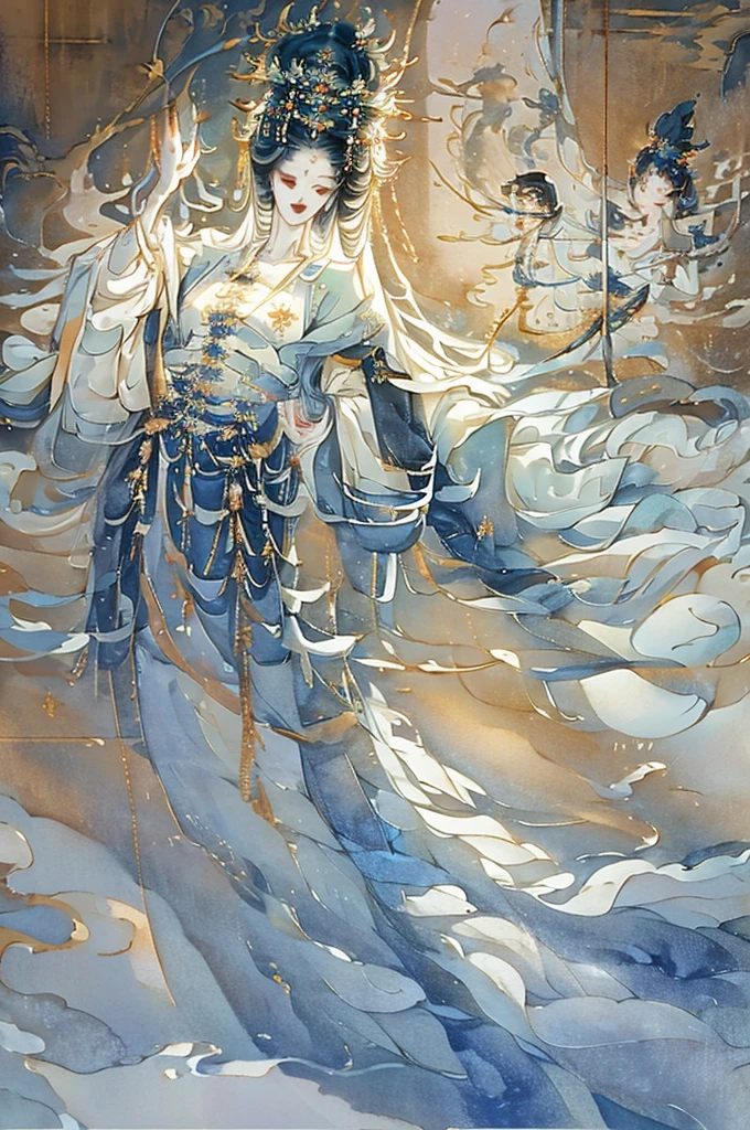 painting of a woman in a white dress with a blue cape, flowing white robes, ancient chinese goddess, goddess of light, guanyin of the southern seas, queen of the sea mu yanling, a beautiful fantasy empress, of ethereal fantasy, astral ethereal, ((a beautiful fantasy empress)), by Yang J, ethereal fantasy, inspired by Qiu Ying