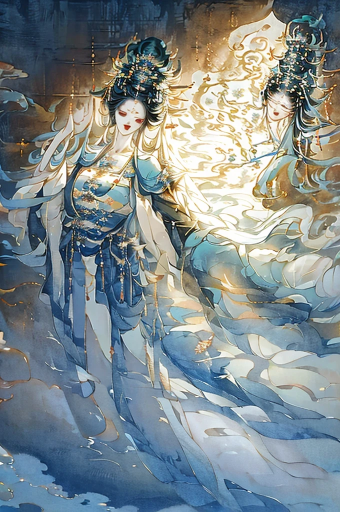 painting of a woman in a white dress with a blue cape, flowing white robes, ancient chinese goddess, goddess of light, guanyin of the southern seas, queen of the sea mu yanling, a beautiful fantasy empress, of ethereal fantasy, astral ethereal, ((a beautiful fantasy empress)), by Yang J, ethereal fantasy, inspired by Qiu Ying