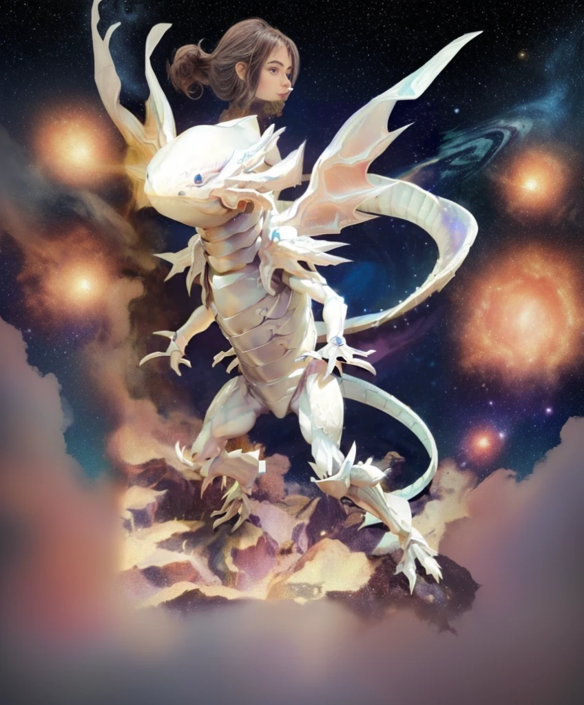 spatial dragon girl, body that glows with an inner light, scales are smooth and iridescent,  scales reflecting the colors of the stars, wings are vast and translucent, dragon resembling nebulae:. suns, space,  planets, asteroids, girl looks majestic and powerful, like a ruler of the universe.