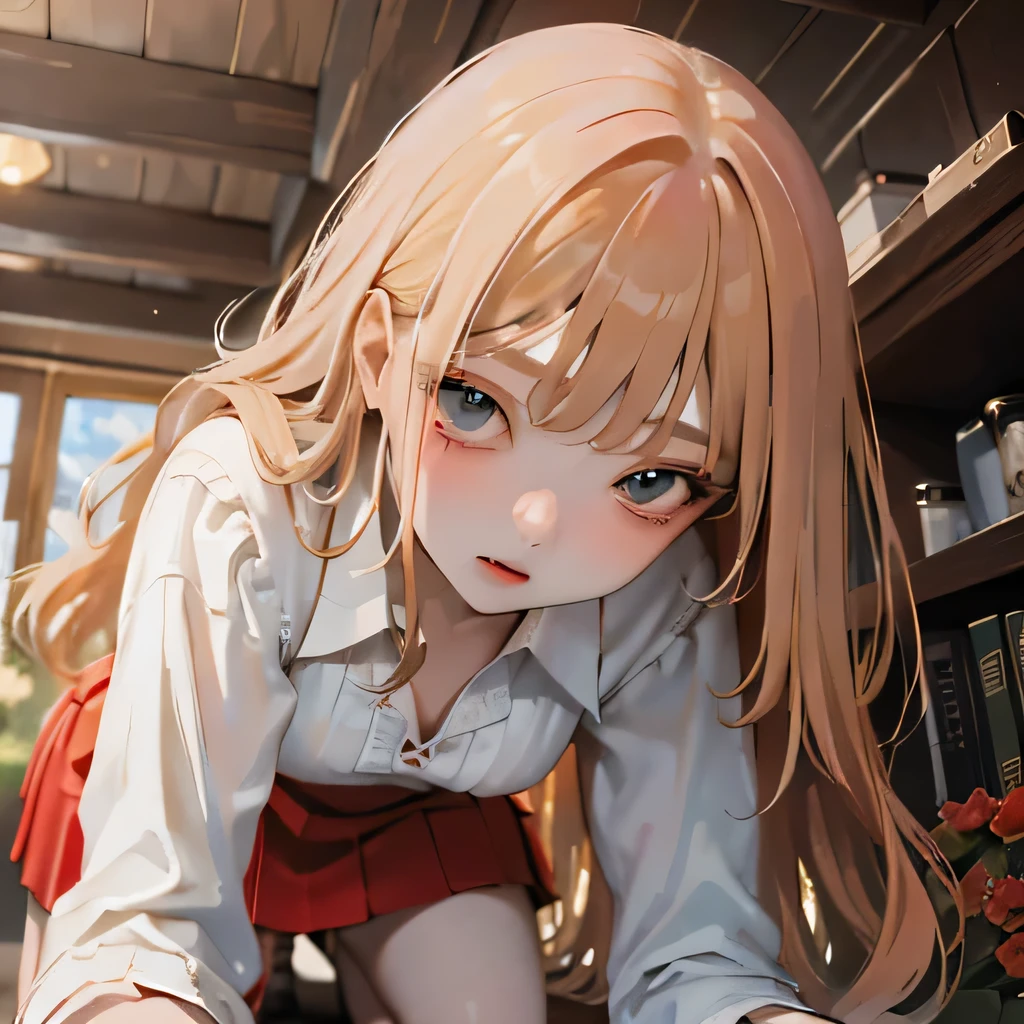 masterpiece, Highest quality, 8k wallpaper, Very detailed, A girl about 12 years old, (Golden Hair:1.1), Long Hair, fine grain、(Red Skirt)、 White dress shirt,(A single large red flower hair ornament:1.1)，Light blue eyes、drunken eyes ，looking down、embarrassed，ceiling，nature background、get down on all fours，(cleavage cutout:1.0)，photorealistic