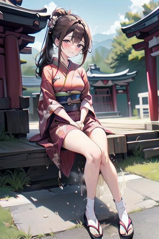 nsfw, (masterpiece, top quality, best quality, highly detailed:1.6), extremely detailed CG unity 8k wallpaper, (1 woman standing on the shrine, outdoor, kimono:1.5), Maxi Length, strong facial expression, (sharp eye:1.2), (scowl:1.1), (embarrassed,blush:1.3), (steam:1.5), (wet:1.1), (sweat:1.1), (trembling:1.3), (parted lips:1.4), (harf open eyes:1.5), (feeling weak:1.5), (shoot from front, looking at viewer:1.2), (leaning forward,close knees, hands between legs, pee running down legs:1.7), (((clutching crotch))), Sandals, (long hair, Brown hair, low ponytail:1.4), (woman trembling with sexual climax:1.5), colorful, full body, wide shot, perfect composition, (Crossing legs, Touching the crotch:1.7), urination, incontinence, piss, peeing self, A lot of pee, pee running down legs, (((pee stream))), (pee puddle), wetting herself, peeing, blush, trembling, embarrassed, large breasts, Yellow pee, ((leaking pee)), Shaking one's shoulders, Breaking a sweat on forehead, puddle of pee, Pee at your feet, Pee spread on the floor, (Pee stains), Feet wet from pee, Pee-covered feet, Pee at your feet, want to pee, about to pee, Full bladder, Pee-soaked kimono, Pee-soaked ankle socks, Pee-soaked sandasls, natural makeup,