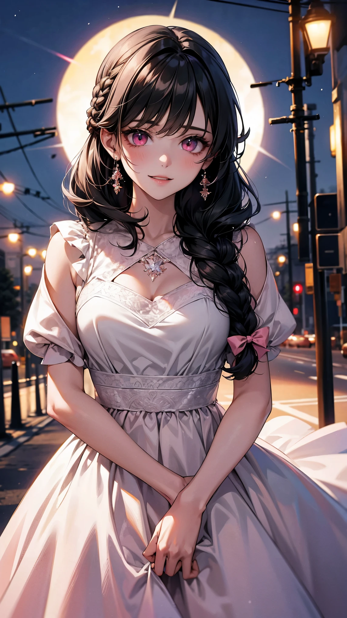 Beautiful woman, sparkling eyes, false eyelashes, pink lips, big and full breasts, two arms, Thumb and four fingers, anatomically correct fingers, detailed description, Ruffled dresses, Outing, Casual style, Outstanding style,