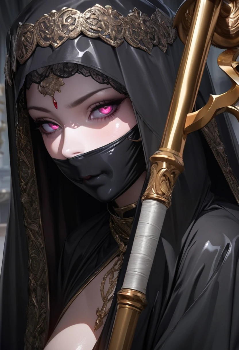 1 mature and seductive woman,(Detailed Description,Incredibly absurd,High resolution,8k wallpaper,masterpiece,Highest quality,Depth of region,Anatomically accurate depiction,A face with attention to detail, Eye for detail),(Glowing Skin,Shiny skin,Oilskin),((Succubus disguised as a nun)),(Luxurious monastic clothing,Face Veil,A veil covering the mouth:1.2,Earrings,bracelet,Thigh-high boots,black tights,),eyelash,(Luminous purple eyes,Eyes of Madness,There is cleavage in the chest,Bewitching Smile,Glossy lipstick,Inviting gesture,Condescending Gaze),Sweat,(whole body),(background:A magnificent church with stained glass),(From below:1.2),Purple air,Devil&#39;s Wings