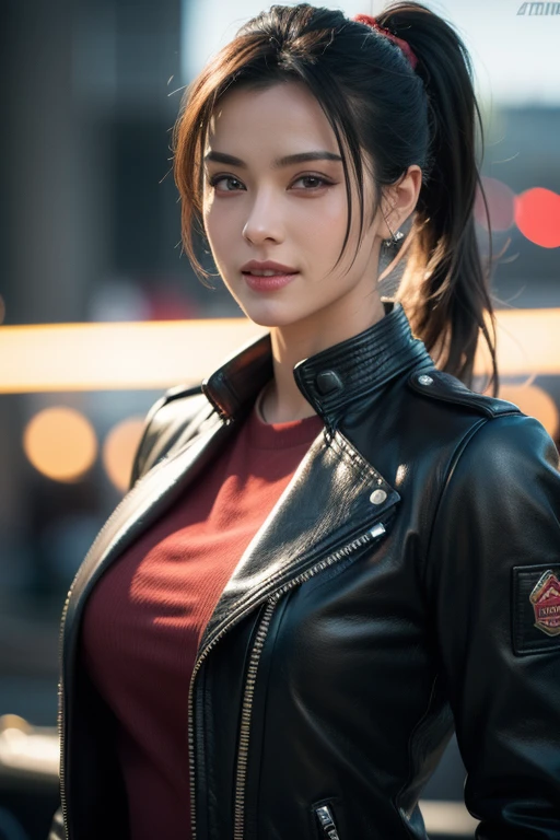 a gorgeous busty woman, ponytail, leather jacket, lady bikers, motorcycle, beautiful detailed smile, beautiful detailed teeth, POV, lover, cinematic dramatic lighting, (best quality,4k,8k,highres,masterpiece:1.2),ultra-detailed,(realistic,photorealistic,photo-realistic:1.37),HDR,UHD,studio lighting,ultra-fine painting,sharp focus,physically-based rendering,extreme detail description,professional,vivid colors,bokeh,portrait,photorealistic,cinematic