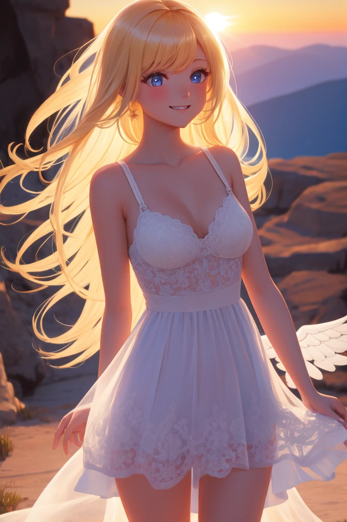 {{{masterpiece}}}, {very detailed CG}, amazing, in detail, alone, {{beautiful 풍경}}, sunset, {{wind}}, detailed background, beautiful, nipple, panties, Sheer mesh dress, bright eyes, {{whole body}}, dynamic pose, dynamic angle, looking at the viewer, Detailed clothes, beautiful sunset, enlargement, best quality, blonde long hair woman, {{beautiful}}, pretty, {laughing}, {{with angel wings}}, halo, shiny