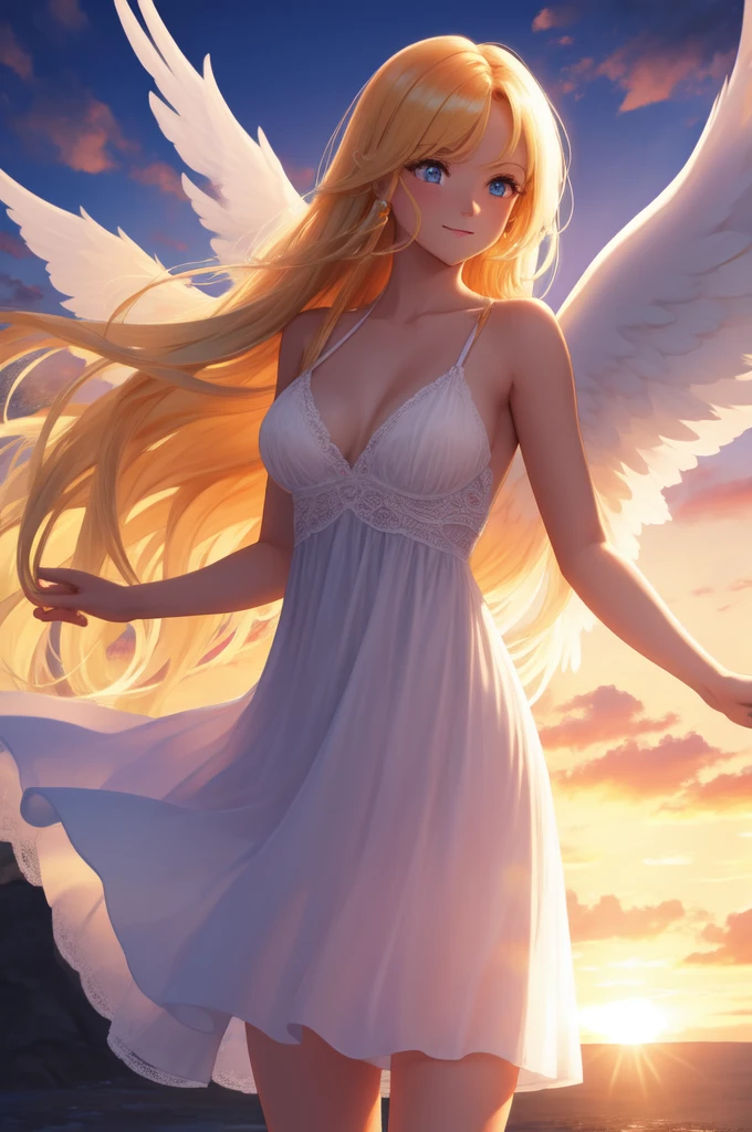 {{{masterpiece}}}, {very detailed CG}, amazing, in detail, alone, {{beautiful 풍경}}, sunset, {{wind}}, detailed background, beautiful, nipple, panties, Sheer mesh dress, bright eyes, {{whole body}}, dynamic pose, dynamic angle, looking at the viewer, Detailed clothes, beautiful sunset, enlargement, best quality, blonde long hair woman, {{beautiful}}, pretty, {laughing}, {{with angel wings}}, halo, shiny