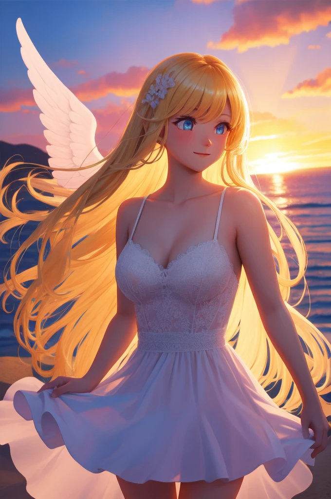 {{{masterpiece}}}, {very detailed CG}, amazing, in detail, alone, {{beautiful 풍경}}, sunset, {{wind}}, detailed background, beautiful, nipple, panties, Sheer mesh dress, bright eyes, {{whole body}}, dynamic pose, dynamic angle, looking at the viewer, Detailed clothes, beautiful sunset, enlargement, best quality, blonde long hair woman, {{beautiful}}, pretty, {laughing}, {{with angel wings}}, halo, shiny