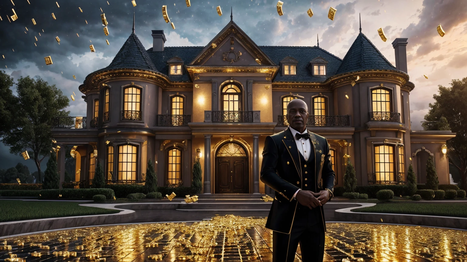 a man in front of a mansion full of gold coins falling from the sky, ultra detailed image, realism, 8k, hyper detailed skin, intense and vivid colors.
