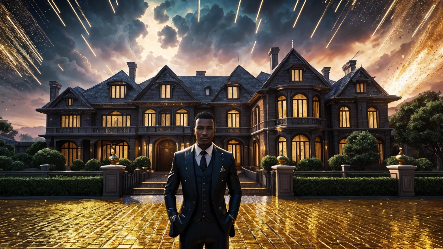 a man in front of a mansion full of gold coins falling from the sky, ultra detailed image, realism, 8k, hyper detailed skin, intense and vivid colors.
