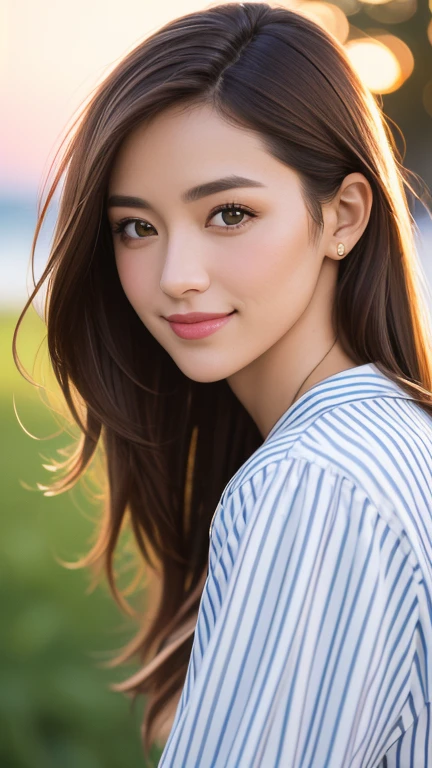 Portrait of a beautiful woman with a striped shirt at sunset, shot on a Nikon D850 len 58 mm and set to an f/2 lens aperture for natural bokeh and depth of field effects. She has long straight brown hair and green eyes, wearing a black and white striped blouse with a light smile. The background is a blurred landscape, captured from a low angle perspective using Kodak Portra film stock in the style 