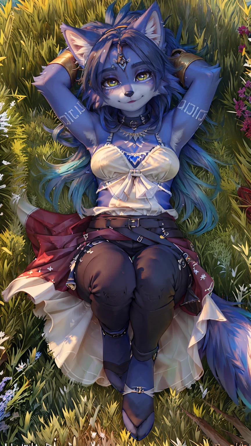 A beautiful and detailed (sweet portrait) wa ((Krystal)), Star Fox Krystal, sslim, lovable, green eyes, medium breasts, (((Long blue hair 1.3))), Decollete, anthro, furry, Uploaded E621, detailed fluffy fur, (wa Fluff-Kevlar, Bayard Wu, Personalami, Pino Daeni), detailed face, (fluffy), 1 girl, alone, sweet girl, ((lies on a meadow:1.3)), looks at the viewer, viewer is above the, her whole body is visible from head to toe, tribal clothing 
