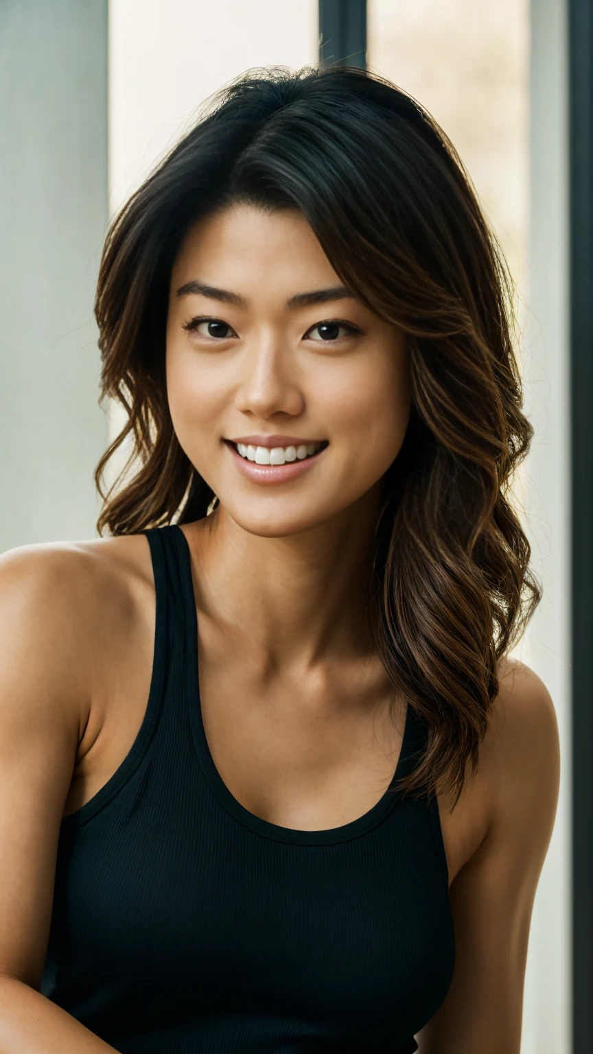 A stunning intricate color close up portrait of (sks woman:1) , Grace Park, wearing black tank top, epic character composition, sharp focus, natural lighting, subsurface scattering, f2, 35mm, film grain, , by Dominique Issermann, beautiful smile, smiling, long wavy hair, beautiful woman, wide smile, big smile, beautiful smile, broad shoulders