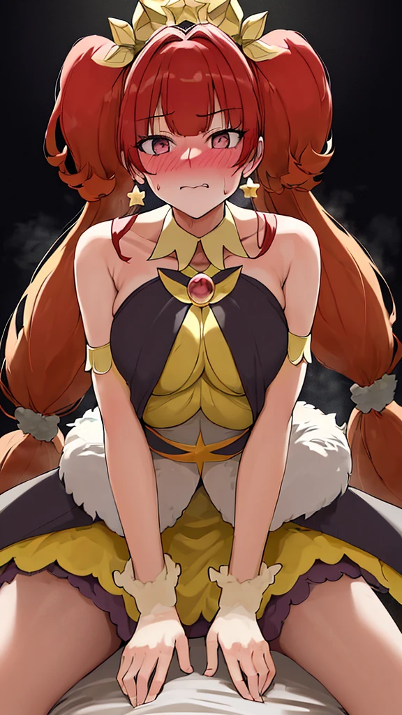  (masterpiece, best quality),25 years old,twin tail,beautiful breasts,large breasts,disproportionate breasts, BREAK (magical girl costume,fur trim:1.3),(fur-trimed skirt:1.3), ribbon,  BREAK (from below,cowboy shot,lighting forward:1.2), BREAK ,(stare at viewer with stern eyes:1.3),(bitting own lip:1.1),nose blush,(badmood:1.3),(steam:1.1),(sweat:1.1),(flying sweat:1.1), BREAK 1boys,(girl_on_top,straddling,sit astridegirl on top,vaginal,sex:1.3),bed,