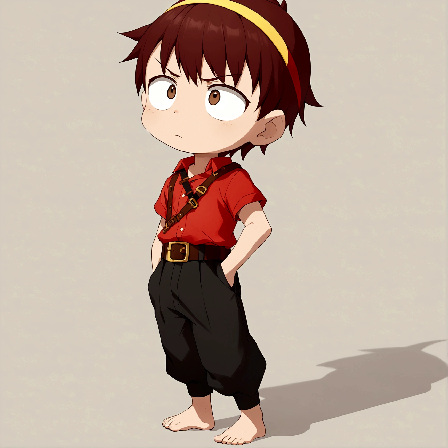 a messy-haired 8 year old indian boy, Red spot on forehead, Chained up, wearing a metal collar, sad mood, scared expression, scared eyes, Gritting teeth, sweating, shirtless, wearing red loincloth