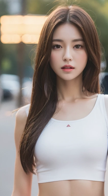 ((Realistic lighting, Best quality, 8K, Masterpiece: 1.3)), Clear focus: 1.2, 1 girl, Perfect Figure: 1.4, Slim Abs: 1.1, ((Dark brown hair)), (White crop top: 1.4), (Outdoor, Night: 1.1), City streets, Super fine face, Fine eyes, Double eyelids,