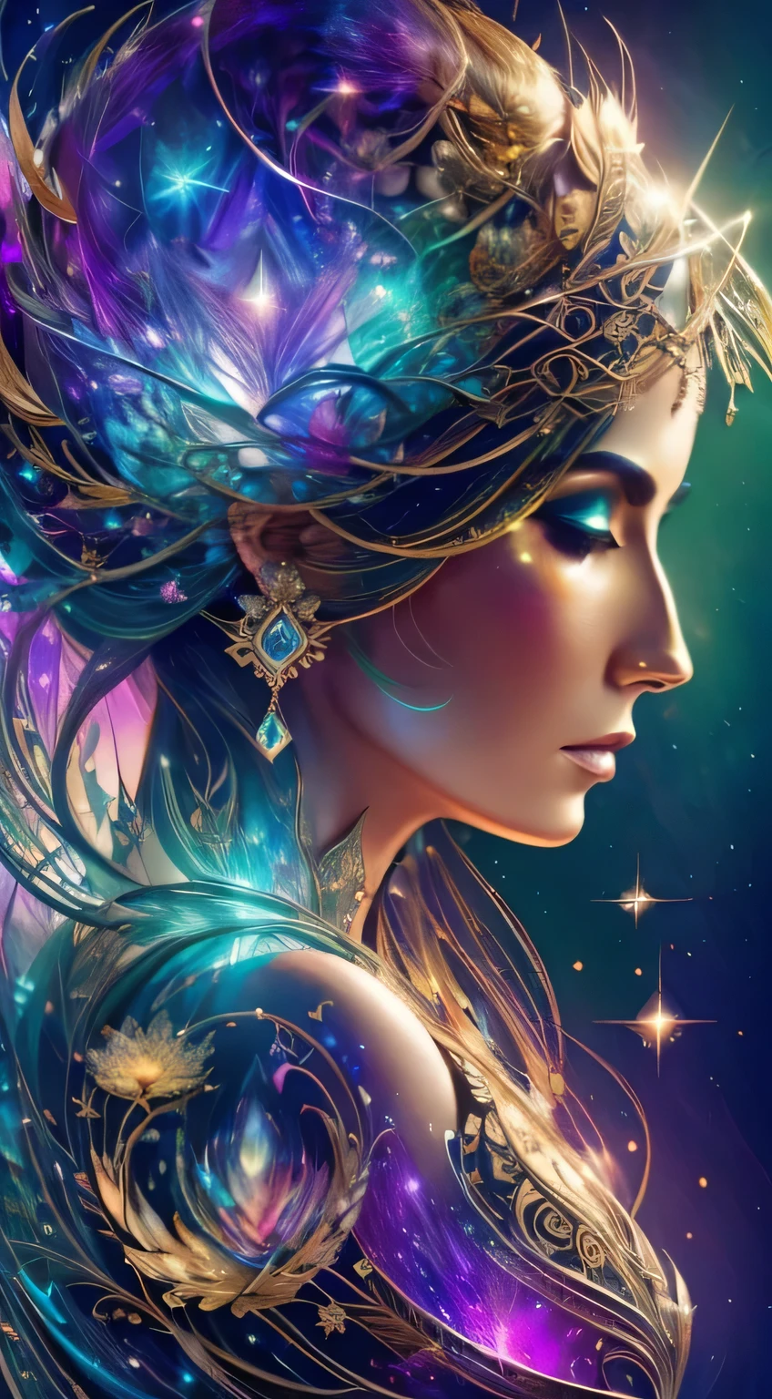 Surrounded by an aura of mystery and power, against a cosmic background of galaxies and nebulas, an enchanting Goddess in digital format remains balanced, with her depths unknown. This stunning image is a digital painting, with intricate details. Her skin glows with an ethereal glow, her eyes sparkle with intelligence and untold secrets. Adorned with intricate markings and symbols, it exudes an air of enigmatic allure, drawing viewers into a world of fantasy and intrigue. The high-quality, knee-up image captures every nuance, from the subtle play of light to the intricate pattern of their robes, creating a mesmerizing visual experience.