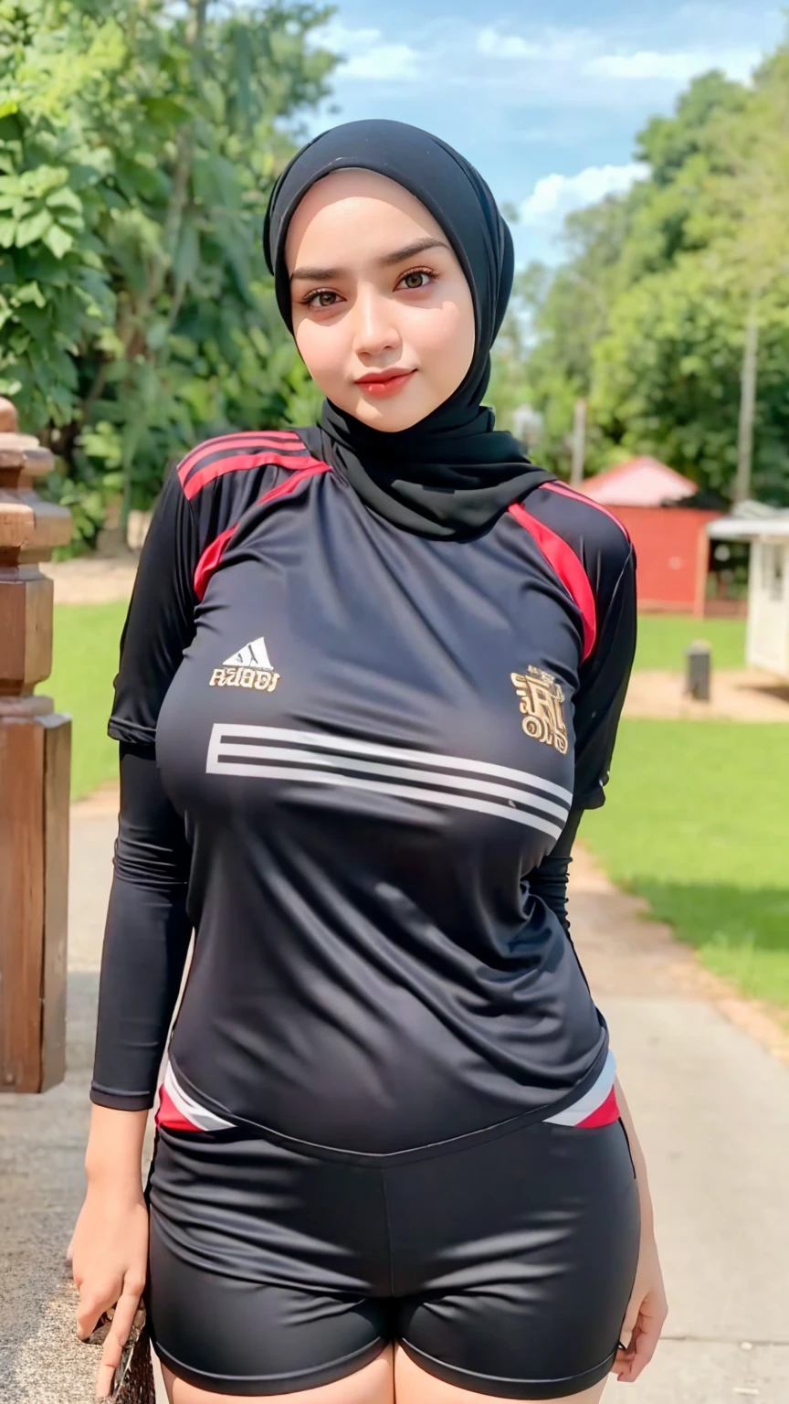 hd,high quality,4k,hyper realistic,masterpiece,((huge boobs)),((jersey)),((shorts)),((standing)),((sharp detail face))super slim waist,hijab,outdoor