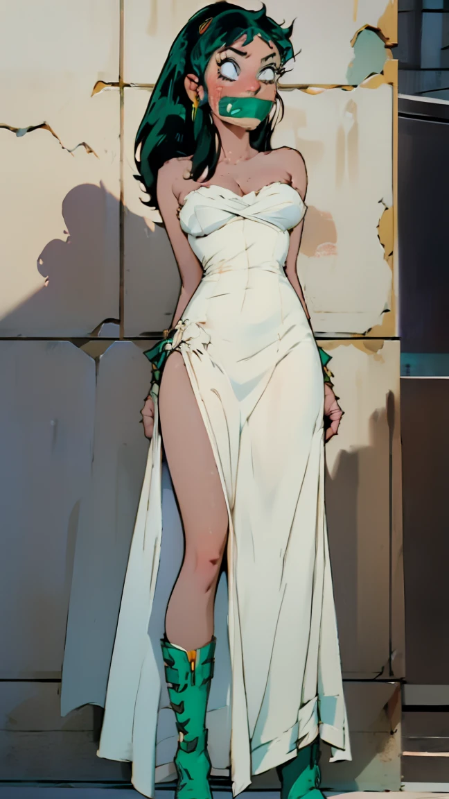 adult content, explicit content, horikoshi kouhei, 1girl, (lum standing up against a wall:1.5), absurdres, bangs, blush, (long dress that shows her naked pussy:1.5), breasts, brown eyes, brown hair, clenched hands, commentary request, eyelashes, full body, highres, looking down, medium breasts, medium hair, skin tight, crying, solo, (show high heels sexy boots:1.5), (she is standing up against a wall:1.5), (sexy body:1.5), (show sexy pussy:1.5), (she is tape gagged:1.5), (hands tied to the wall:1.5), (naked pussy:1.5), (full body image:1.6), (long slim legs:1.5), (she is scared:1.5), (Hyper-realistic dress:1.5), (realistic skin:1)
