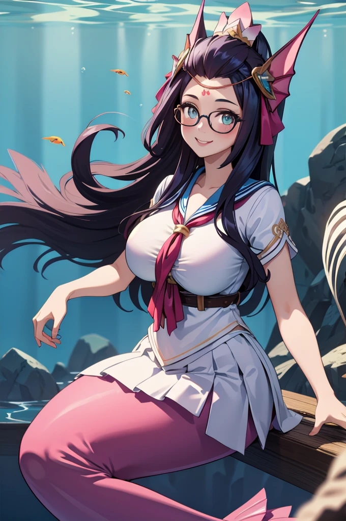 masterpiece, best quality, 1girl  splendidnm, headdress, hair ornament, circlet, forehead mark, mermaid, large breasts, underwater, white shirt, blue sailor collar, short sleeves, neckkerchief, glasses, looking at viewer, smile, pleated skirt