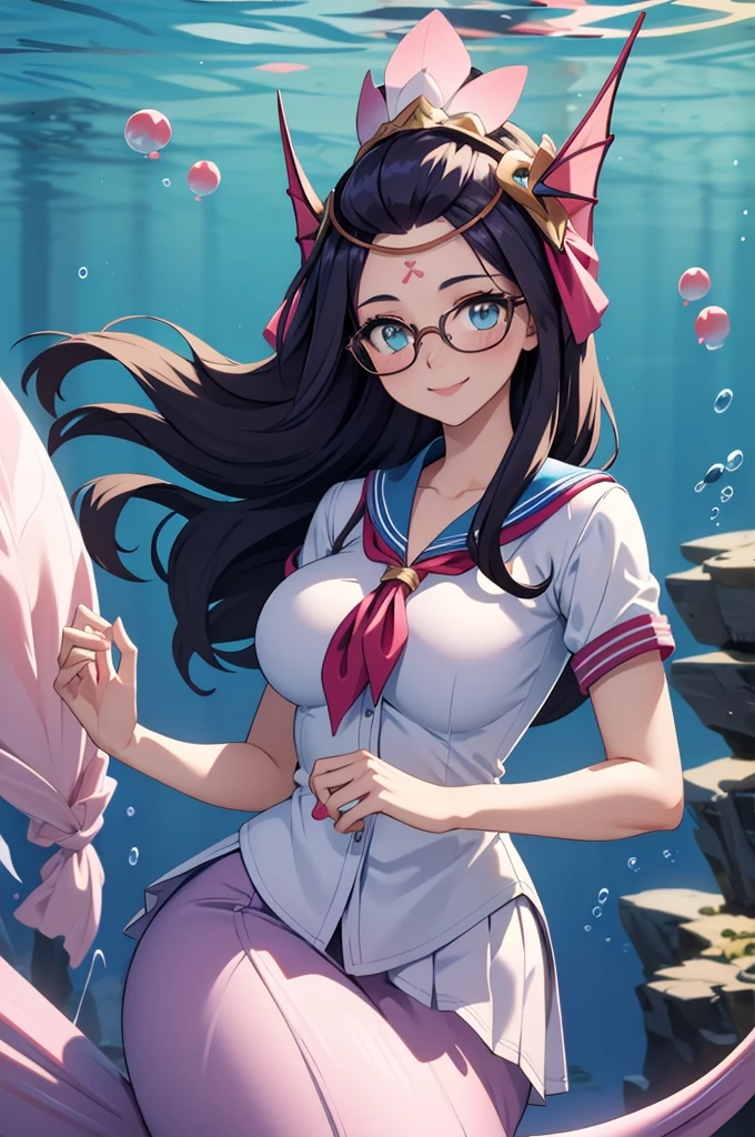 masterpiece, best quality, 1girl  splendidnm, headdress, hair ornament, circlet, forehead mark, mermaid, large breasts, underwater, white shirt, blue sailor collar, short sleeves, neckkerchief, glasses, looking at viewer, smile, pleated skirt