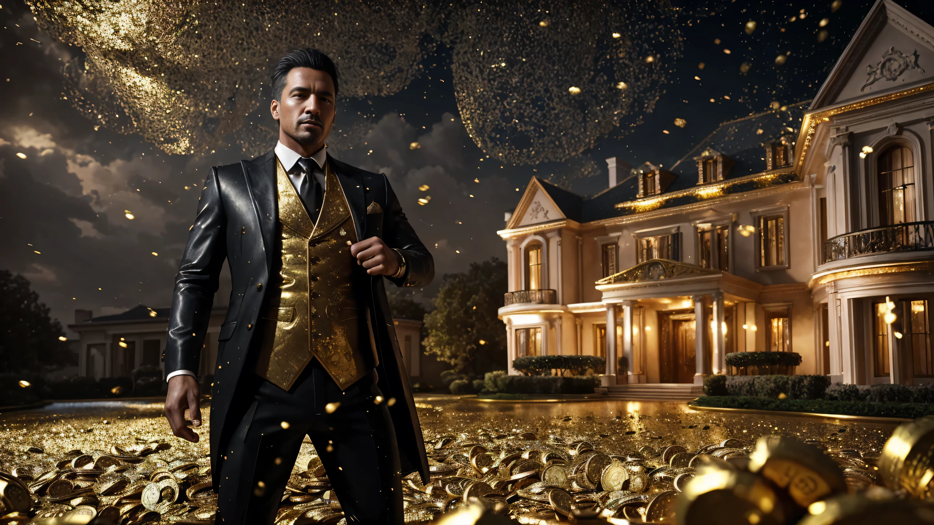 a man in front of a mansion full of gold coins falling from the sky, ultra detailed image, realism, 8k, hyper detailed skin, intense and vivid colors.
