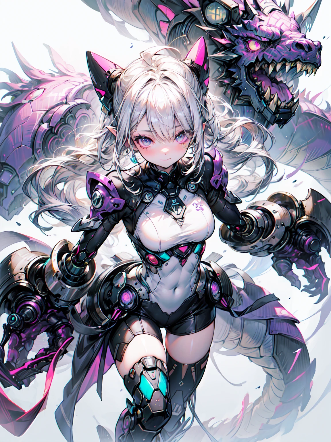 (masterpiece), (最high quality), (high quality), (8K), girl, (whole body), Dragon Armor, Intricate details, Red glow, Silver short hair, The hair in the back is messy, detailedな髪, Bright Blue Eyes, Dominate performance, While she rules the world、Walking in more chaotic places, Fire background, Dragon in the Night Sky, Heat up your aura, (high qualityの照明)、Cowboy Shot、Blake、非常にdetailed (Dark Elf), (girl1人), alone, Perfect Face, detailed, Ahoge, ((Long Hair:1.2)), (Hair above one eye:1.3), [[Messy Hair]], Shiny blonde white hair, Purple eyes, Variegated eyes, Colorful Hair, Shining Eyes, Bright Eyes, Face imprint, (eyelash, eye shadow, pink eye shadow), smile, Design Art：Haruhiko Mikimoto, by Kawashi, By Yoshitaka Amano,break、 ((Perfect Anatomy)), Nice body, Big Breasts、(非常にdetailed指), Best Hand, Perfect Face,(Perfect Fingers), Correct Anatomy,