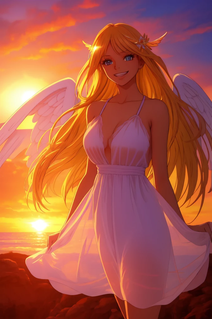 {{{masterpiece}}}, {very detailed CG}, amazing, in detail, alone, {{beautiful 풍경}}, sunset, {{wind}}, detailed background, beautiful, nipple, panties, Sheer mesh dress, bright eyes, {{whole body}}, dynamic pose, dynamic angle, looking at the viewer, Detailed clothes, beautiful sunset, enlargement, best quality, blonde long hair woman, {{beautiful}}, pretty, {laughing}, {{with angel wings}}, halo, shiny