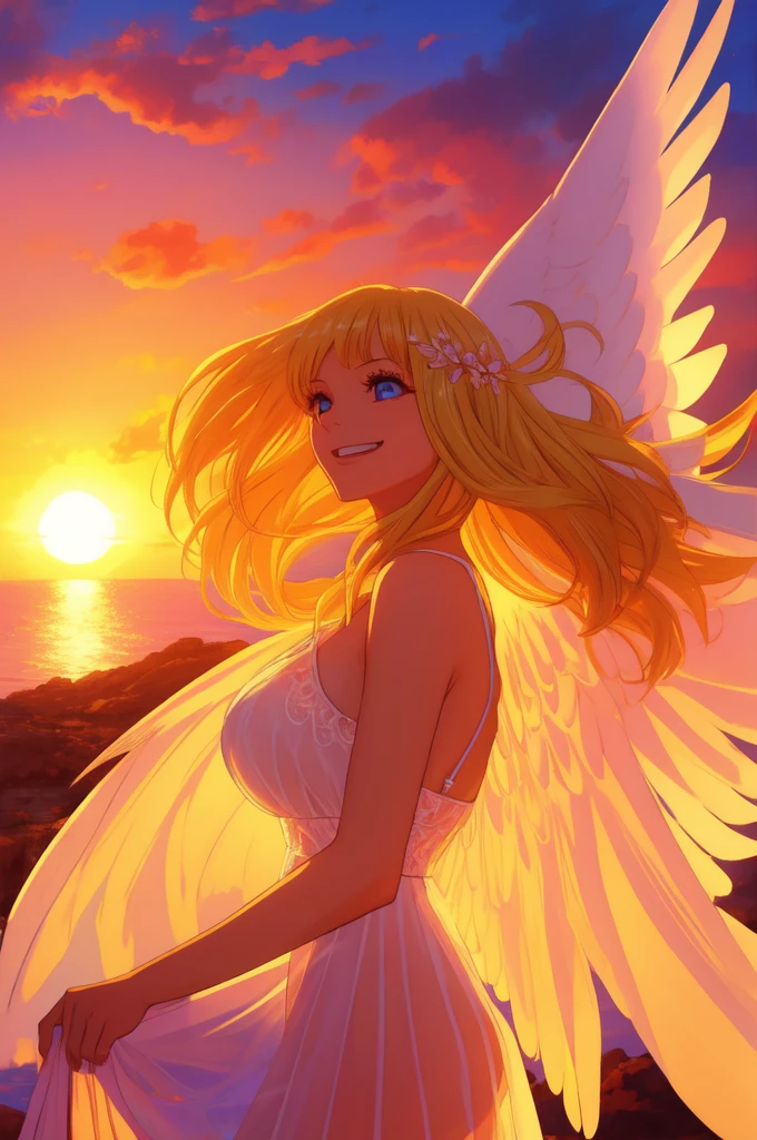 {{{masterpiece}}}, {very detailed CG}, amazing, in detail, alone, {{beautiful 풍경}}, sunset, {{wind}}, detailed background, beautiful, nipple, panties, Sheer mesh dress, bright eyes, {{whole body}}, dynamic pose, dynamic angle, looking at the viewer, Detailed clothes, beautiful sunset, enlargement, best quality, blonde long hair woman, {{beautiful}}, pretty, {laughing}, {{with angel wings}}, halo, shiny