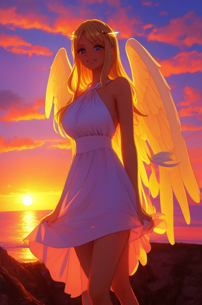 {{{masterpiece}}}, {very detailed CG}, amazing, in detail, alone, {{beautiful 풍경}}, sunset, {{wind}}, detailed background, beautiful, nipple, panties, Sheer mesh dress, bright eyes, {{whole body}}, dynamic pose, dynamic angle, looking at the viewer, Detailed clothes, beautiful sunset, enlargement, best quality, blonde long hair woman, {{beautiful}}, pretty, {laughing}, {{with angel wings}}, halo, shiny