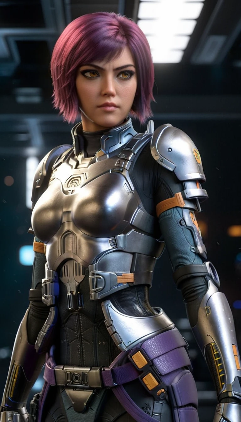 professional 3d model Cinematic scene, sabine wren, SILVER armor (HUGE BREASTS), Ghost in the Shell, detailed background, masterpiece, best quality, high quality, highres, absurdres . octane render, highly detailed, volumetric, dramatic lighting
