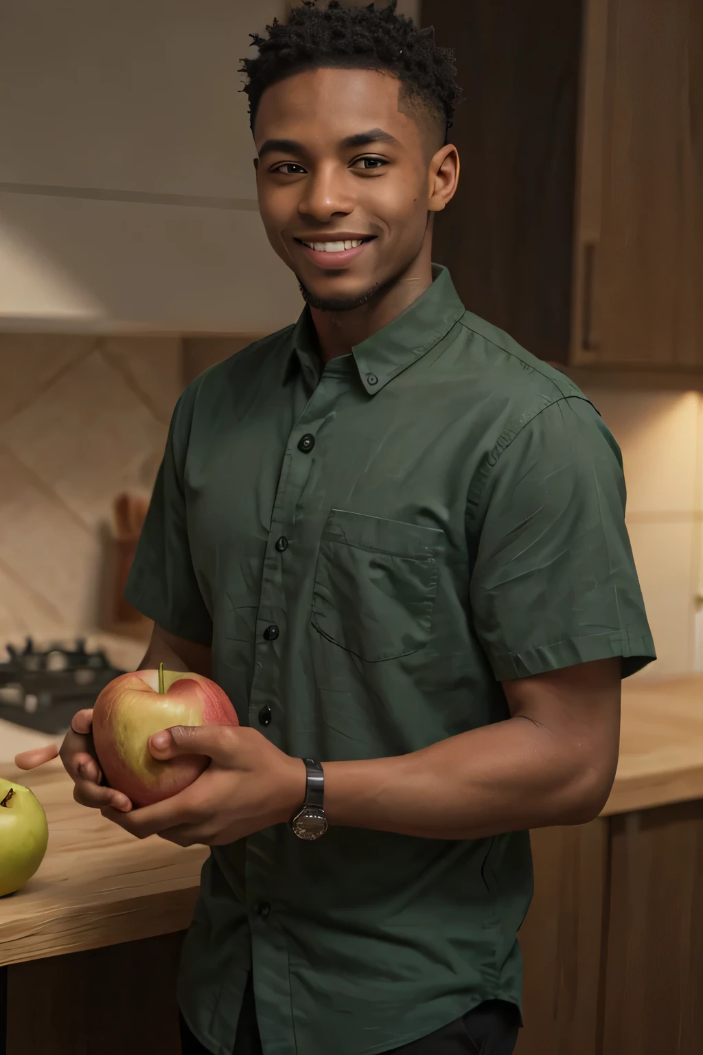 jeune HOMME 15 ans smiling happy face, ((BLACK skin, détails des cheveux très court, shaved)), posture de face bien symétrique, ((highly detailed skin, skin details)), Sharpness, 8K, DSLR, chef d'œuvre haute qualité, magnifique visage africain, (((souriant, heureux))), Realistic photo, ((wears a dark green sweetshirt)), view full chest with arms, ((holding an apple)), serious picture DONT DO SEXY