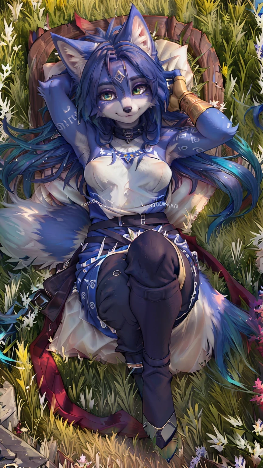 A beautiful and detailed (sweet portrait) wa ((Krystal)), Star Fox Krystal, sslim, lovable, green eyes, medium breasts, (((Long blue hair 1.3))), Decollete, anthro, furry, Uploaded E621, detailed fluffy fur, (wa Fluff-Kevlar, Bayard Wu, Personalami, Pino Daeni), detailed face, (fluffy), 1 girl, alone, sweet girl, ((lies on a meadow:1.3)), looks at the viewer, viewer is above the, her whole body is visible from head to toe, tribal clothing 
