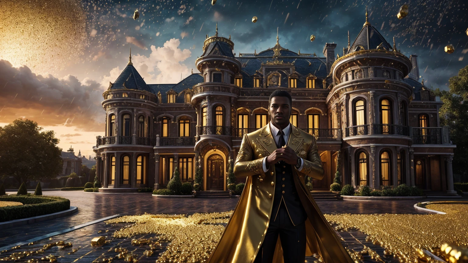 a man in front of a mansion full of gold coins falling from the sky, ultra detailed image, realism, 8k, hyper detailed skin, intense and vivid colors.
