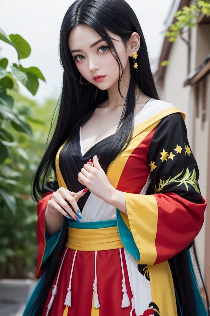 Disney princess with green eyes black hair Japanese long hair, white red dress with blue and yellow,black painted fingernails