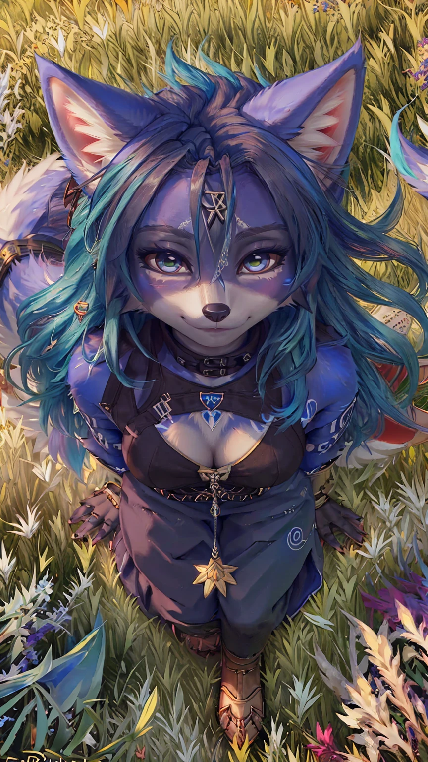 A beautiful and detailed (sweet portrait) wa ((Krystal)), Star Fox Krystal, sslim, lovable, green eyes, medium breasts, (((Long blue hair 1.3))), Decollete, anthro, furry, Uploaded E621, detailed fluffy fur, (wa Fluff-Kevlar, Bayard Wu, Personalami, Pino Daeni), detailed face, (fluffy), 1 girl, alone, sweet girl, ((lies on a meadow:1.3)), looks at the viewer, viewer is above the, her whole body is visible from head to toe