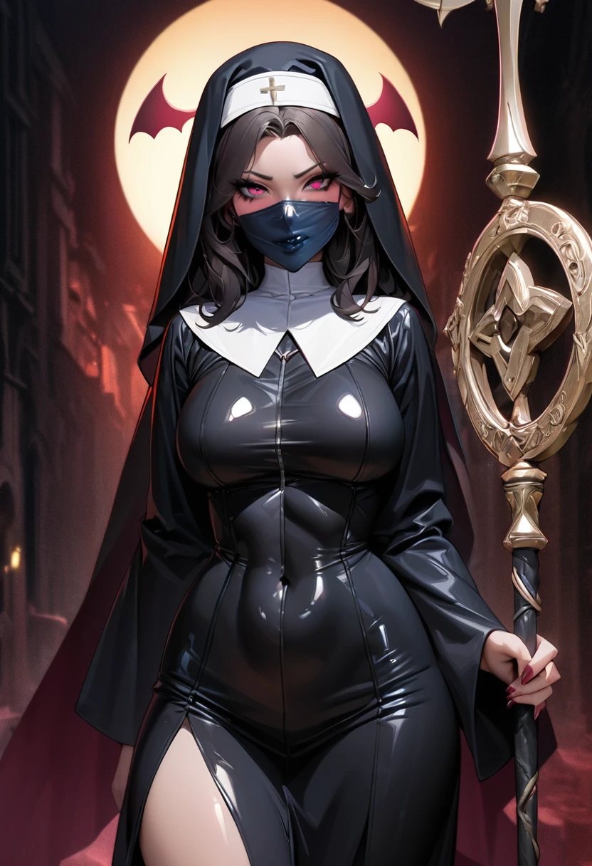 1 mature and seductive woman,(Detailed Description,Incredibly absurd,High resolution,8k wallpaper,masterpiece,Highest quality,Depth of region,Anatomically accurate depiction,A face with attention to detail, Eye for detail),(Glowing Skin,Shiny skin,Oilskin),((Succubus disguised as a nun)),(Solemn monastic robes,Face Veil,Staff,Devil&#39;s Wingsのアクセサリー),eyelash,(Luminous purple eyes,Eyes of Madness,There is cleavage in the chest,Bewitching Smile,Glossy lipstick,Seductive gestures),Sweat,(whole body),(background:A magnificent church with stained glass),Pink air,Devil&#39;s Wings,A pink sigh from the mouth