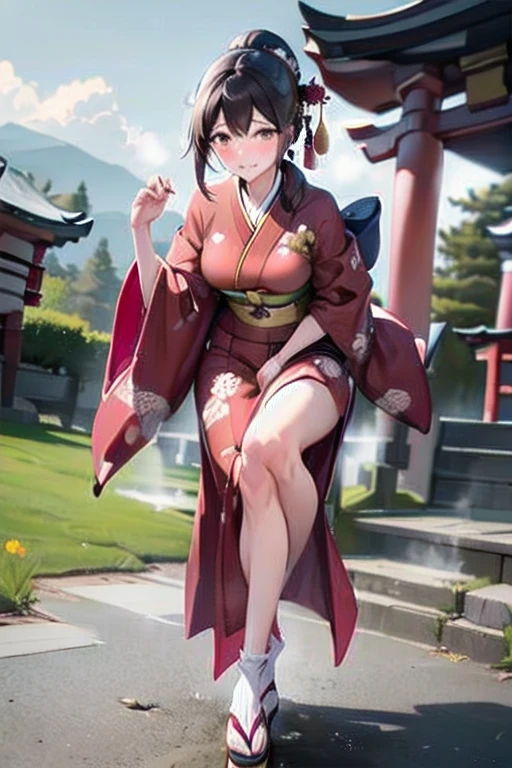 nsfw, (masterpiece, top quality, best quality, highly detailed:1.6), extremely detailed CG unity 8k wallpaper, (1 woman standing on the shrine, outdoor, kimono:1.5), Maxi Length, strong facial expression, (sharp eye:1.2), (scowl:1.1), (embarrassed,blush:1.3), (steam:1.5), (wet:1.1), (sweat:1.1), (trembling:1.3), (parted lips:1.4), (harf open eyes:1.5), (feeling weak:1.5), (shoot from front, looking at viewer:1.2), (leaning forward,close knees, hands between legs, pee running down legs:1.7), (((clutching crotch))), Sandals, (long hair, Brown hair, low ponytail:1.4), (woman trembling with sexual climax:1.5), colorful, full body, wide shot, perfect composition, (Crossing legs, Touching the crotch:1.7), urination, incontinence, piss, peeing self, A lot of pee, pee running down legs, (((pee stream))), (pee puddle), wetting herself, peeing, blush, trembling, embarrassed, large breasts, Yellow pee, ((leaking pee)), Shaking one's shoulders, Breaking a sweat on forehead, puddle of pee, Pee at your feet, Pee spread on the floor, (Pee stains), Feet wet from pee, Pee-covered feet, Pee at your feet, want to pee, about to pee, Full bladder, Pee-soaked kimono, Pee-soaked ankle socks, Pee-soaked sandasls, natural makeup,