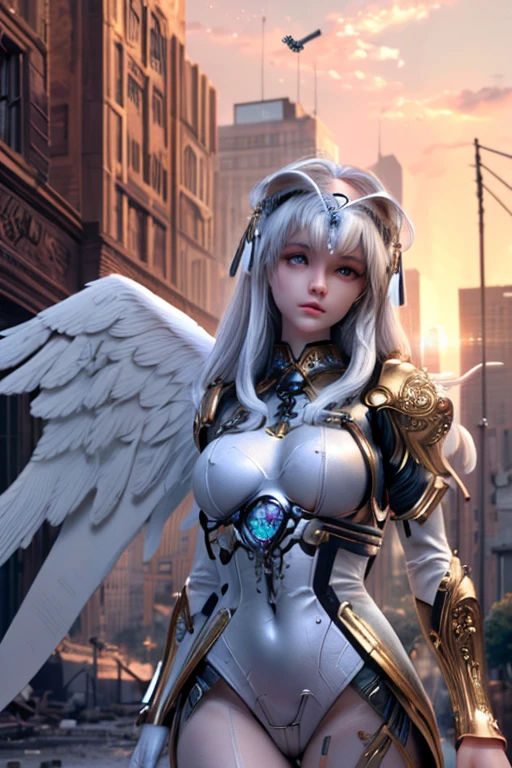 (In the city in ruins, null, midi),, ((silver mechanical female angel)), big wings of light:1.8, Giant sword, shiny metal body:1.8, heroic, work of art:1.8, highest quallity:1.8, detailed and beautiful eyes, (Highly detailed CG unit:1.8), 8 k wallpaper,