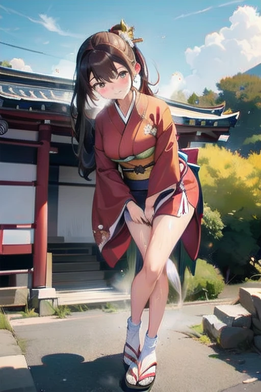 nsfw, (masterpiece, top quality, best quality, highly detailed:1.6), extremely detailed CG unity 8k wallpaper, (1 woman standing on the shrine, outdoor, kimono:1.5), Maxi Length, strong facial expression, (sharp eye:1.2), (scowl:1.1), (embarrassed,blush:1.3), (steam:1.5), (wet:1.1), (sweat:1.1), (trembling:1.3), (parted lips:1.4), (harf open eyes:1.5), (feeling weak:1.5), (shoot from front, looking at viewer:1.2), (leaning forward,close knees, hands between legs, pee running down legs:1.7), (((clutching crotch))), Sandals, (long hair, Brown hair, low ponytail:1.4), (woman trembling with sexual climax:1.5), colorful, full body, wide shot, perfect composition, (Crossing legs, Touching the crotch:1.7), urination, incontinence, piss, peeing self, A lot of pee, pee running down legs, (((pee stream))), (pee puddle), wetting herself, peeing, blush, trembling, embarrassed, large breasts, Yellow pee, ((leaking pee)), Shaking one's shoulders, Breaking a sweat on forehead, puddle of pee, Pee at your feet, Pee spread on the floor, (Pee stains), Feet wet from pee, Pee-covered feet, Pee at your feet, want to pee, about to pee, Full bladder, Pee-soaked kimono, Pee-soaked ankle socks, Pee-soaked sandasls, natural makeup,