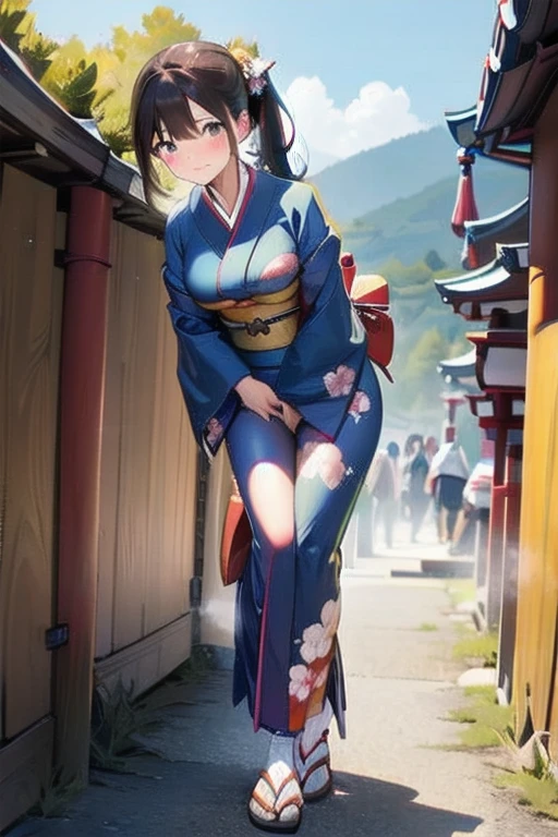 nsfw, (masterpiece, top quality, best quality, highly detailed:1.6), extremely detailed CG unity 8k wallpaper, (1 woman standing on the shrine, outdoor, kimono:1.5), Maxi Length, strong facial expression, (sharp eye:1.2), (scowl:1.1), (embarrassed,blush:1.3), (steam:1.5), (wet:1.1), (sweat:1.1), (trembling:1.3), (parted lips:1.4), (harf open eyes:1.5), (feeling weak:1.5), (shoot from front, looking at viewer:1.2), (leaning forward,close knees, hands between legs, pee running down legs:1.7), (((clutching crotch))), Sandals, (long hair, Brown hair, low ponytail:1.4), (woman trembling with sexual climax:1.5), colorful, full body, wide shot, perfect composition, (Crossing legs, Touching the crotch:1.7), urination, incontinence, piss, peeing self, A lot of pee, pee running down legs, (((pee stream))), (pee puddle), wetting herself, peeing, blush, trembling, embarrassed, large breasts, Yellow pee, ((leaking pee)), Shaking one's shoulders, Breaking a sweat on forehead, puddle of pee, Pee at your feet, Pee spread on the floor, (Pee stains), Feet wet from pee, Pee-covered feet, Pee at your feet, want to pee, about to pee, Full bladder, Pee-soaked kimono, Pee-soaked ankle socks, Pee-soaked sandasls, natural makeup,