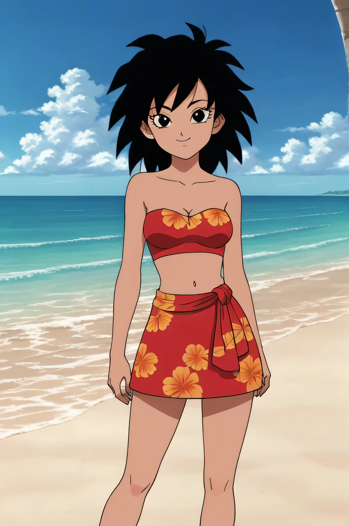 source_anime, score_9,score_8_up, score_7_up, ginedb, anime screencap, 1girl, solo, looking at viewer, smile, medium breasts, black hair, beach, ocean, bare shoulders, medium breasts, smile, cowboy shot, medium hair, black eyes, spiked hair, eyelashes, masterpiece, best quality, a red Hawaiian dress, strapless red tank and a red maxi towel skirt, slide spilt, beach background, sea, very aesthetic, absurdres,  midriff, blue skies, standing up